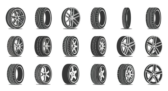 Set of Iconographic Car Tires and Wheels: Vector Illustrations for Automotive and Transportation Concepts.