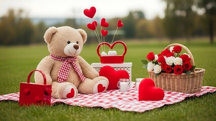 Teddy bear on picnic blanket with heart decorations and flowers in basket outdoors