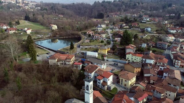 Aerial view of small Italian village of Ferrera di Varese in the province of Varese, Lombardy, Italy