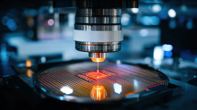 Automated semiconductor wafer inspection with laser microfabrication revealing intricate chip pattern and warm glow - Powered by Adobe
