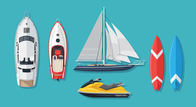 Vector Set of Aquatic Transportation and Recreation Vehicles.