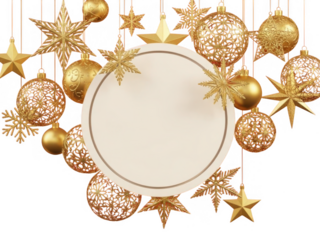 Golden holiday ornaments frame isolated on transparent background