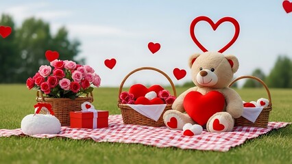 Teddy bear holding heart on picnic blanket with gifts and flowers in green field