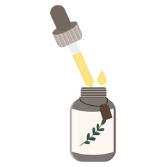 Essential oil glass bottle with dropper and leaf flat illustration. Suitable for clip art, stickers, flat design illustration, etc