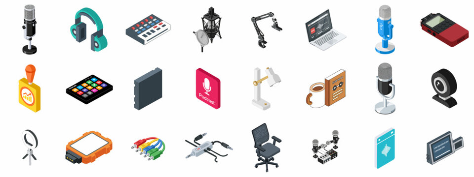 Professional podcasting and broadcasting isometric icons set, featuring studio recording equipment, microphones, mixers, headphones, and digital streaming tools.