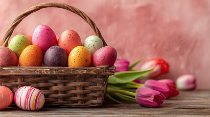 A woven basket overflowing with vibrantly dyed Easter eggs in shades of pink, orange, purple, green and white. Pink tulips rest beside the basket on a wooden table against a soft pink background.