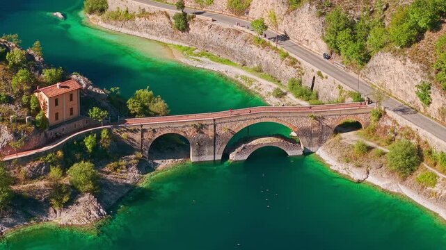 Aerial view of Lago di San Domenico and Eremo in Abruzzo, Italy