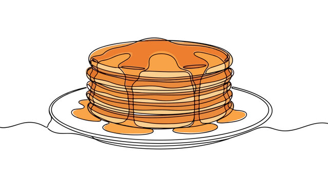 A Delicious Stack of Pancakes with Syrup in a Simple One Line Art Continuous Drawing Style