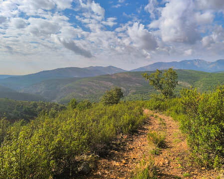 Hiking trail near Pozas del Aljibe, Guadalajara, Spain, surrounded by nature, vegetation and hills