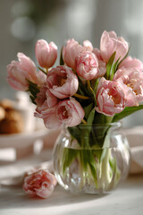 Obraz premium Pink tulips in glass vase with soft morning light