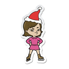 Cartoon illustration of an angry young girl wearing a Santa hat and ice skates on a white background with bold lines and bright pink clothing.