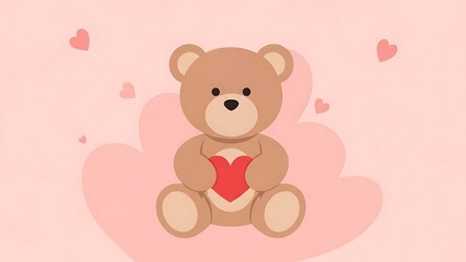 Cute brown teddy bear holding red heart on pink background with floating hearts