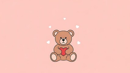 Cute brown teddy bear holding red heart with white hearts floating around on pink background symbolizing love and affection in a minimalist aesthetic