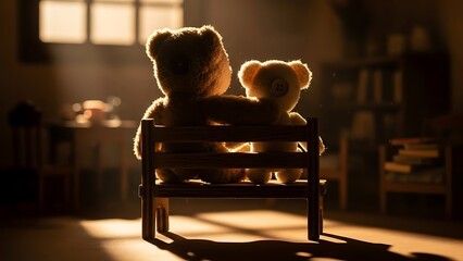 Two teddy bears sitting on a small wooden bench in a cozy dimly lit room with warm sunlight