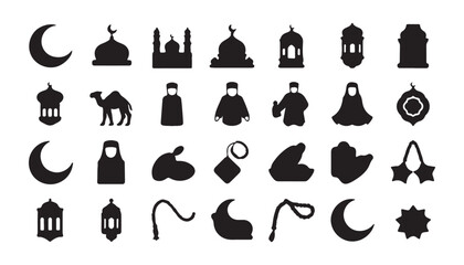 Obraz premium Islamic cultural icons set crescent moon mosque lantern camel prayer beads and traditional clothing.