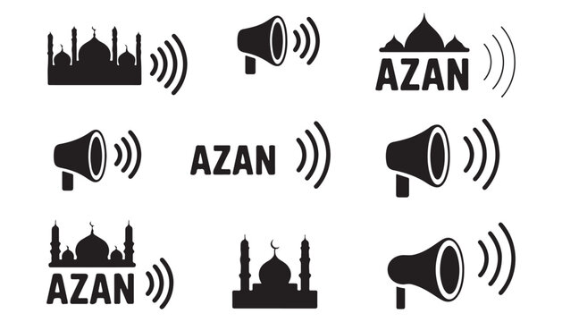 Azan icon set with mosque, megaphones, and text representing islamic call to prayer