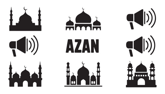 Azan icon set with mosque silhouettes, megaphones, and text for islamic call to prayer