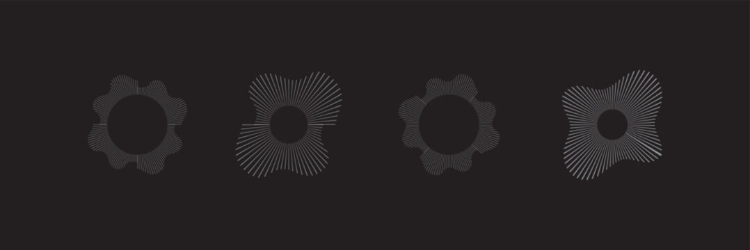 Circular sound waves, depicting audio music ,icons and logos for equalizers, radial spectrum designs, ring patterns. Sound wave, circular equalizer icons, round music soundwave shape. 