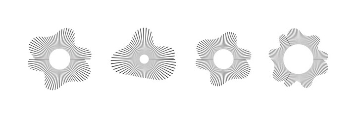 Sound wave, circular equalizer icons, round music soundwave shape, concentric energy burst. Radial wave sound lines. Circular frame. Sound circle ring. Wavy round frame.