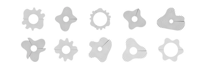 Circular sound waves, depicting audio music,icons and logos for equalizers, radial spectrum designs, ring patterns. Vector illustrations isolated on white background.