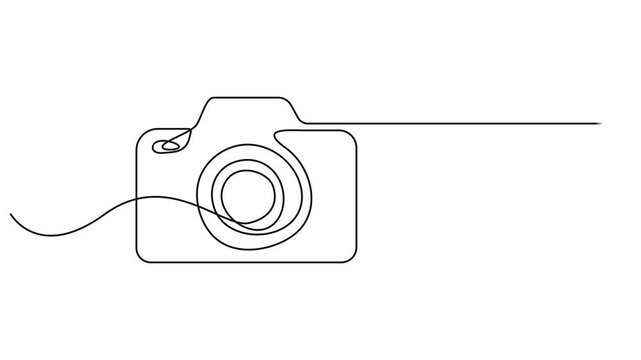 Camera icon in continuous animation line style. Line art of photo camera icon. Photo line icon minimalistic, Video. One continuous editable line drawing of a professional camera, Full length single.