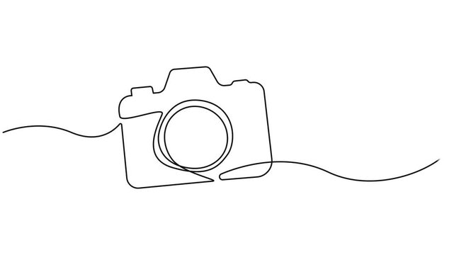 Camera icon in continuous animation line style. Line art of photo camera icon. Photo line icon minimalistic, Video. One continuous editable line drawing of a professional camera, Full length single.