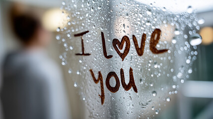 Words of Affirmation: A steamed-up bathroom mirror with a heart and "I love you" drawn with a finger, blurred silhouette of a person in the background, simple daily affection, soft