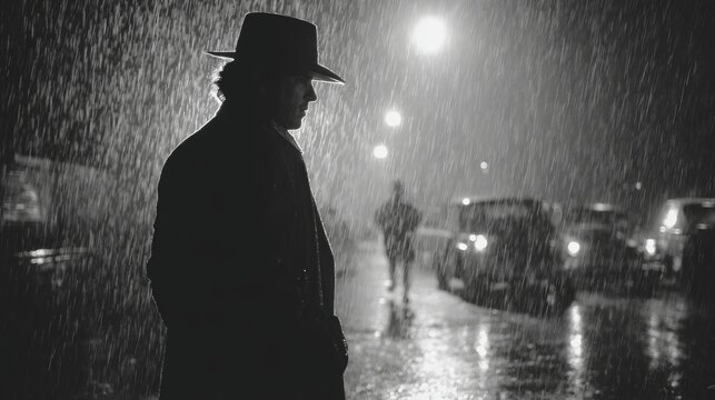 Man in Hat Silhouette Walking in the Rain at Night City Street
