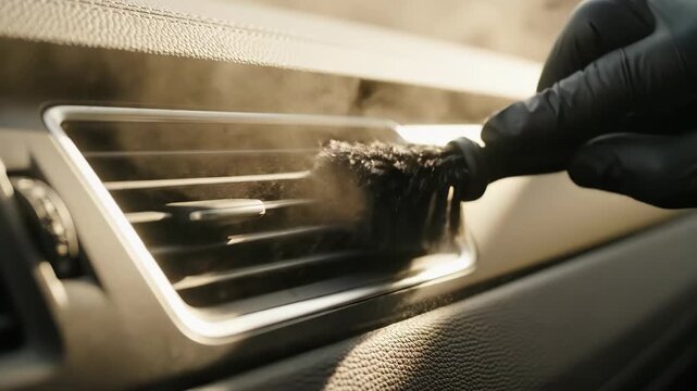 Brushing away dust from air conditioning vents captures the essence of hygiene and precision. Soft steam adds allure, highlighting the dedication to cleanliness and detail in a cozy setting.