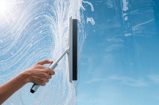 Hand using squeegee on soapy window under sunlight