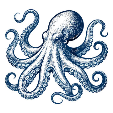 [Vector EPS]Detailed Illustration of a Blue Octopus with Curly Tentacles