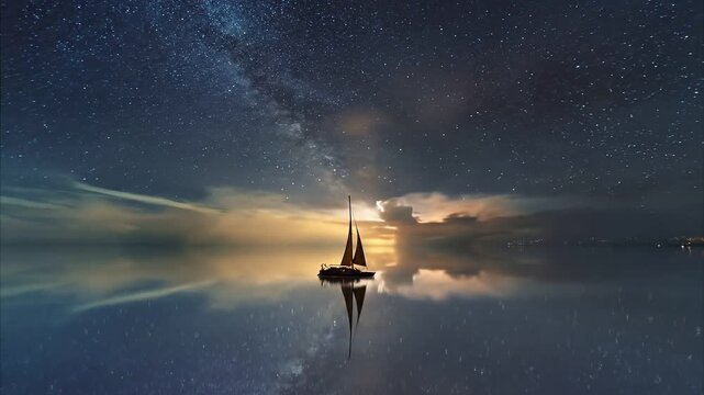 Sailboat navigates calm waters under a starry night sky with the Milky Way visible