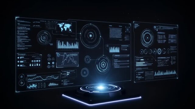 Futuristic holographic display with data visualization, charts and graphs in cyberspace