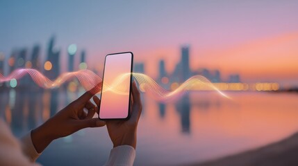 Person holding smartphone with glowing waves representing data connection in a city at sunset
