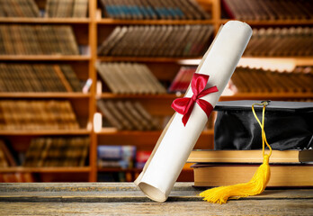 Diploma, graduate cap and books on wooden table in library. Scroll with red ribbon