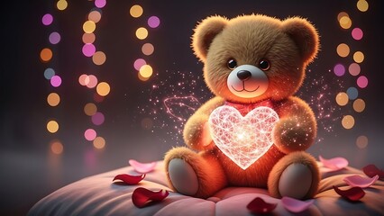 Teddy bear with glowing heart on cushion surrounded by rose petals and colorful bokeh lights