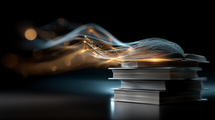 Artistic stack of books with motion blur effect representing advanced algorithm evolving from glowing documents, knowledge acceleration, with copy space