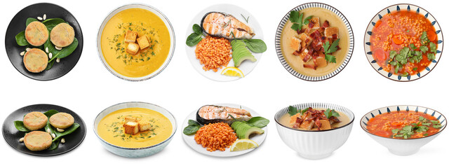 Set of lentil dishes isolated on white