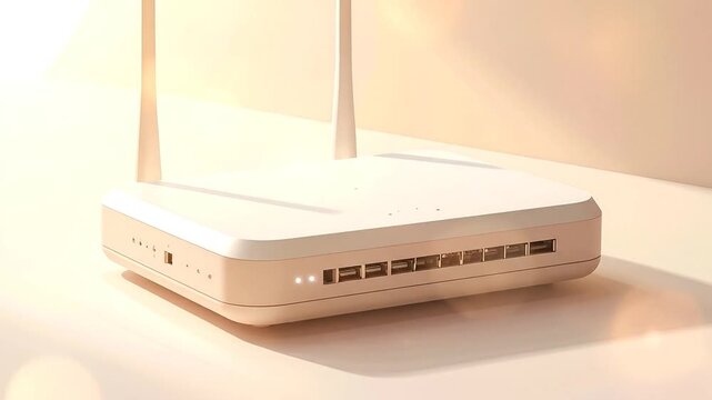 A neutral-toned modem with two upright antennas on a white surface, lit by a soft light