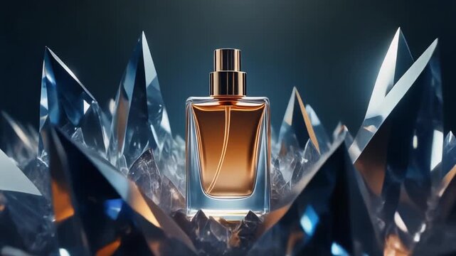 Elegant perfume bottle showcased amidst a dazzling display of sharp, crystalline shards under a subtle atmospheric glow