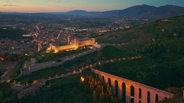 Aerial view of Spoleto at night with Ponte delle Torri and Fortress