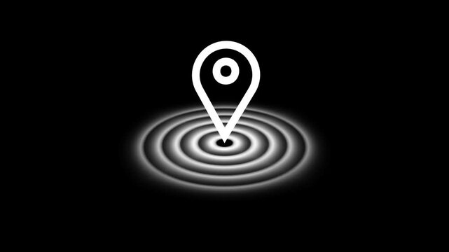 Location pin icon with circular signal rings for position highlight. Map marker symbol for navigation and place identification. Geographic pointer element for digital mapping systems.
