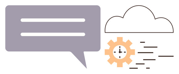 Cloud storage, automation, communication, teamwork, technology, efficiency. Speech bubble, cloud gear with clock and abstract lines. Cloud storage and automation concept