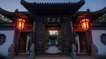 Ancient Temple Entrance with Ornate Doors and Lanterns at Dusk