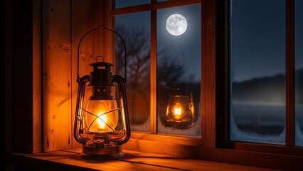 A warm lantern glows softly on a wooden windowsill, casting a gentle light on the snowy night scene outside under the full moon.