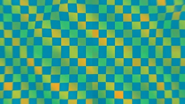 An abstract image featuring a blurred, tiled pattern of blue, green, and yellow squares