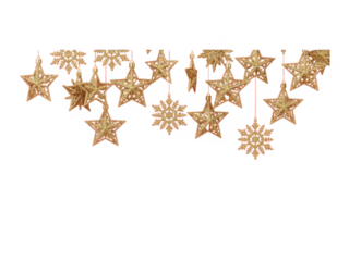 Golden star and snowflake garland isolated on transparent background