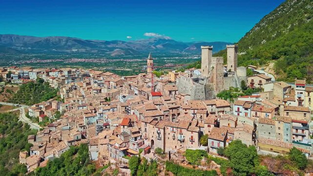 Aerial view of Pacentro medieval village and Caldora Castle in Abruzzo