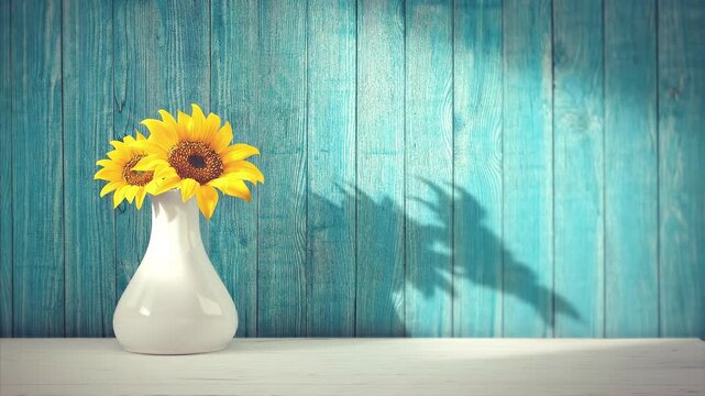 Two bright yellow sunflowers in a white vase against a rustic blue wooden wall