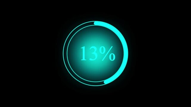 Circular progress bar animation with percentage status display. Digital loading indicator with numeric completion value. Futuristic progress element for system process and countdown timing.